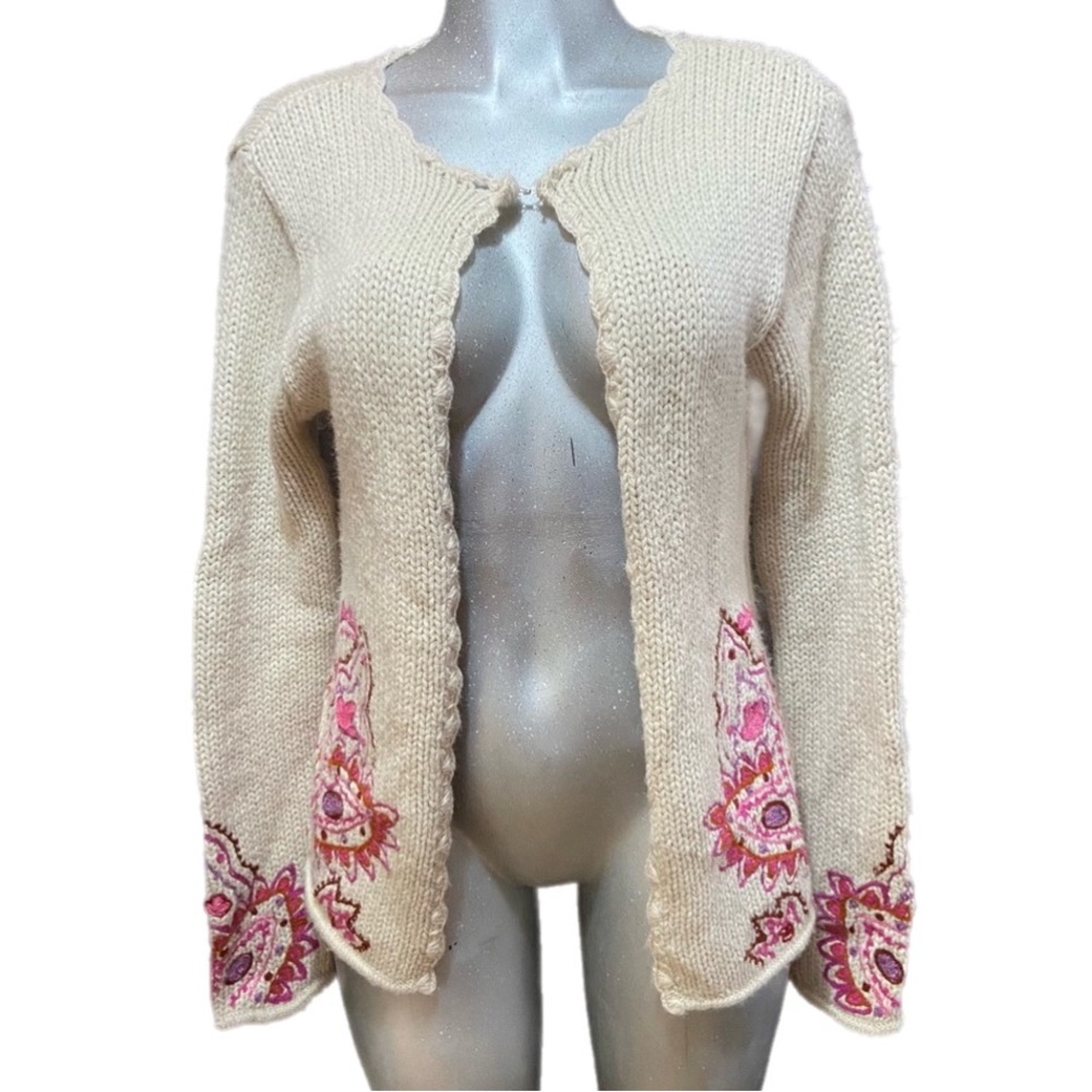 Friponne Wool Open Cottagecore Knit Cardigan Sweater Floral Embroidery Sz Medium